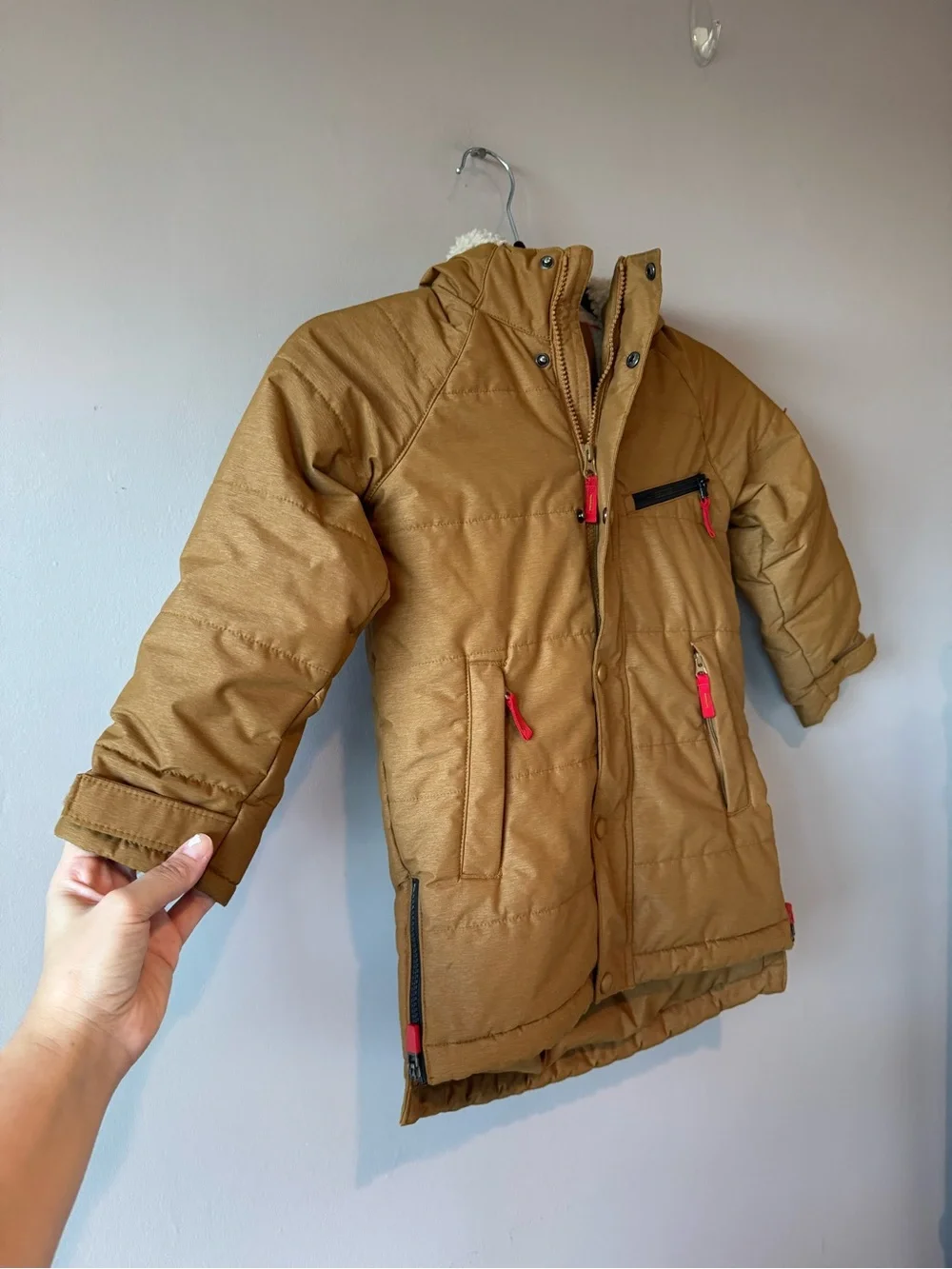 L.L. Bean Toddler Boy Tan Sherpa Fleece Lined Puffer Hooded Jacket Coat Size 4T